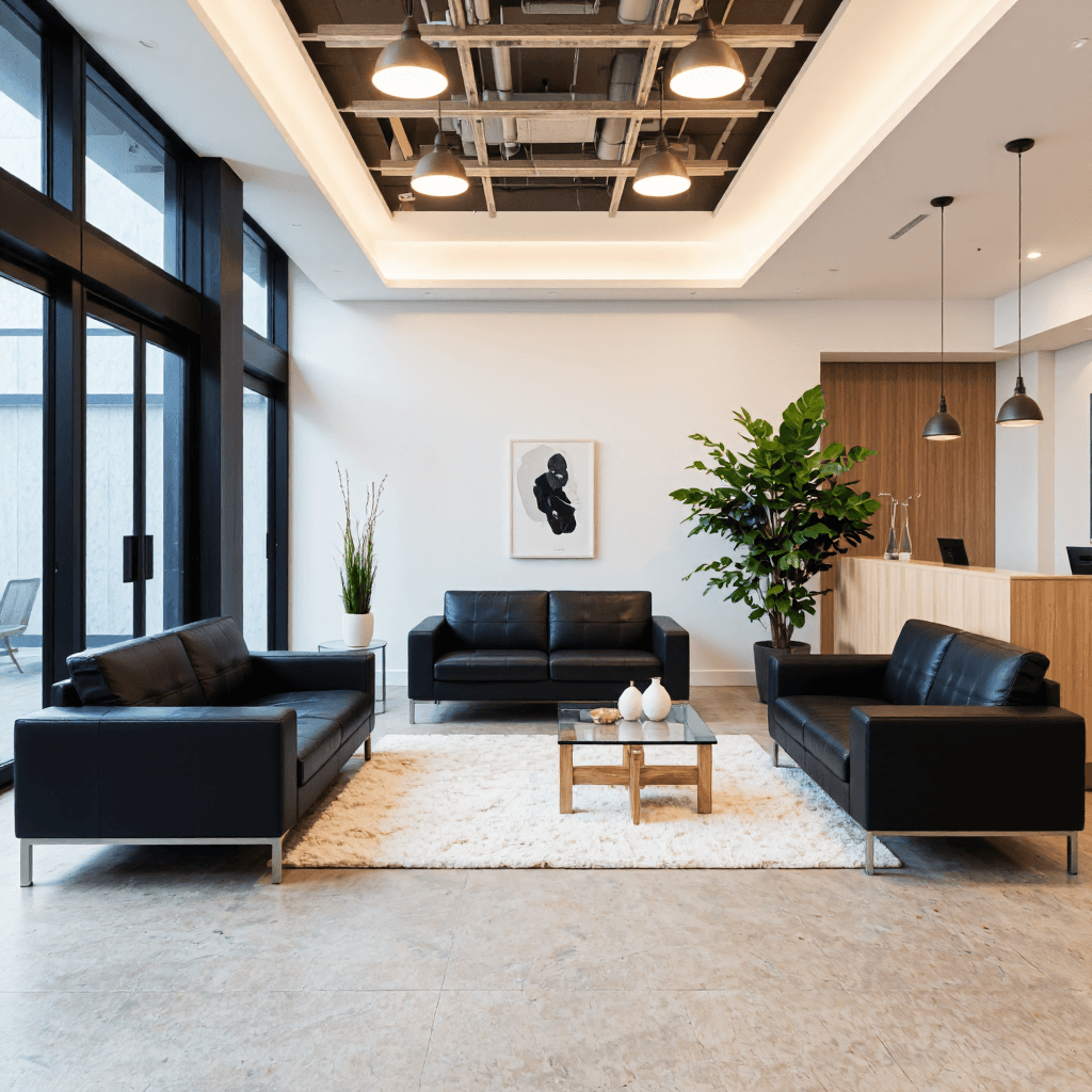 product photography of a set of black leather sofas and a coffee table