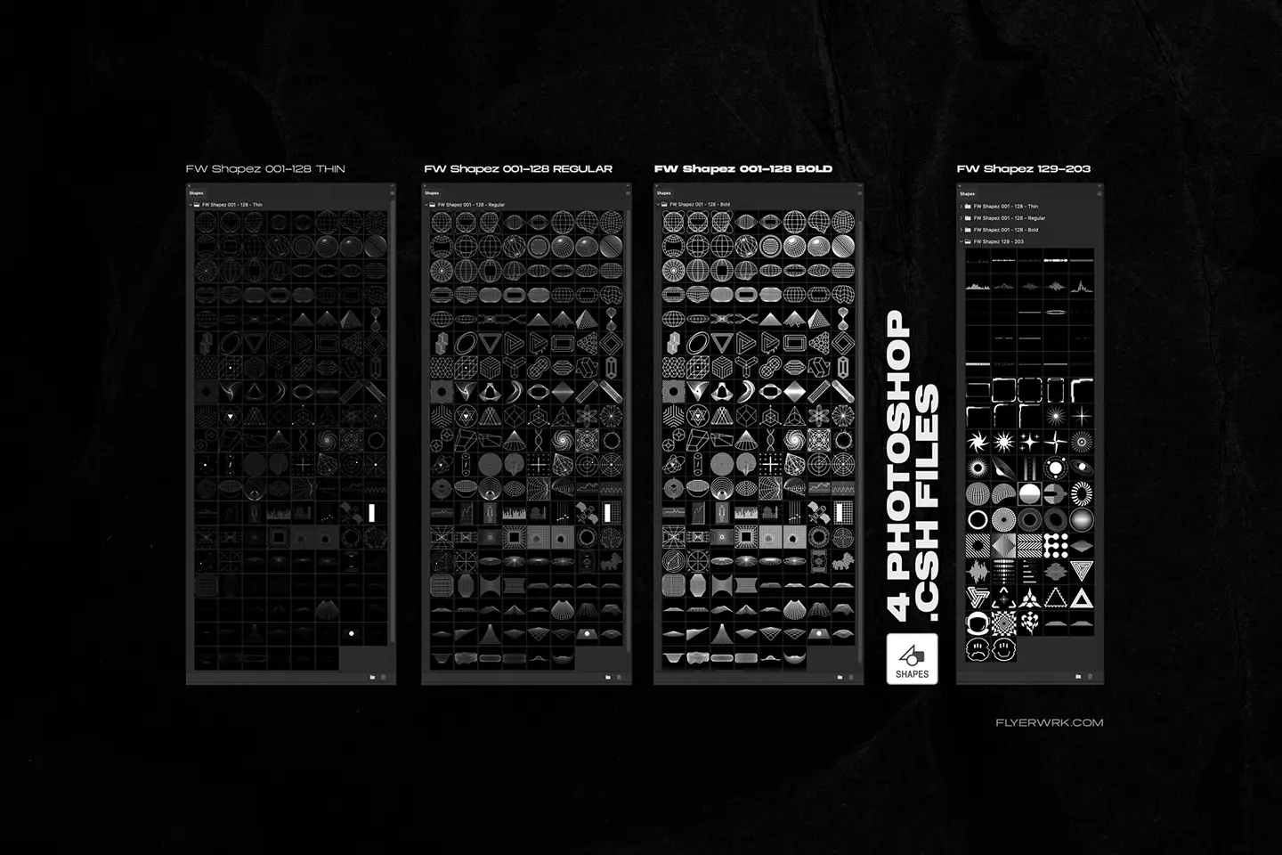 Retro Futuristic Shapes Photoshop CSH library preview with multiple vector shape presets