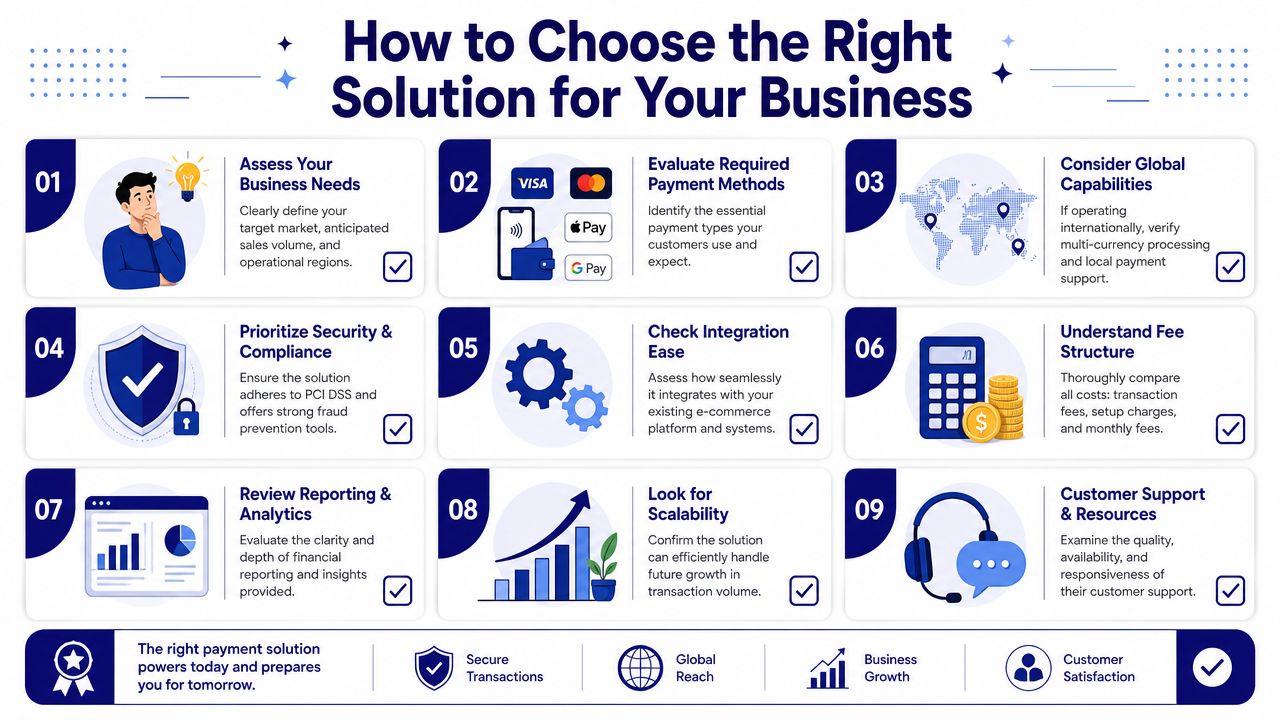 An infographic titled How to Choose the Right Solution for Your Business with nine key steps.