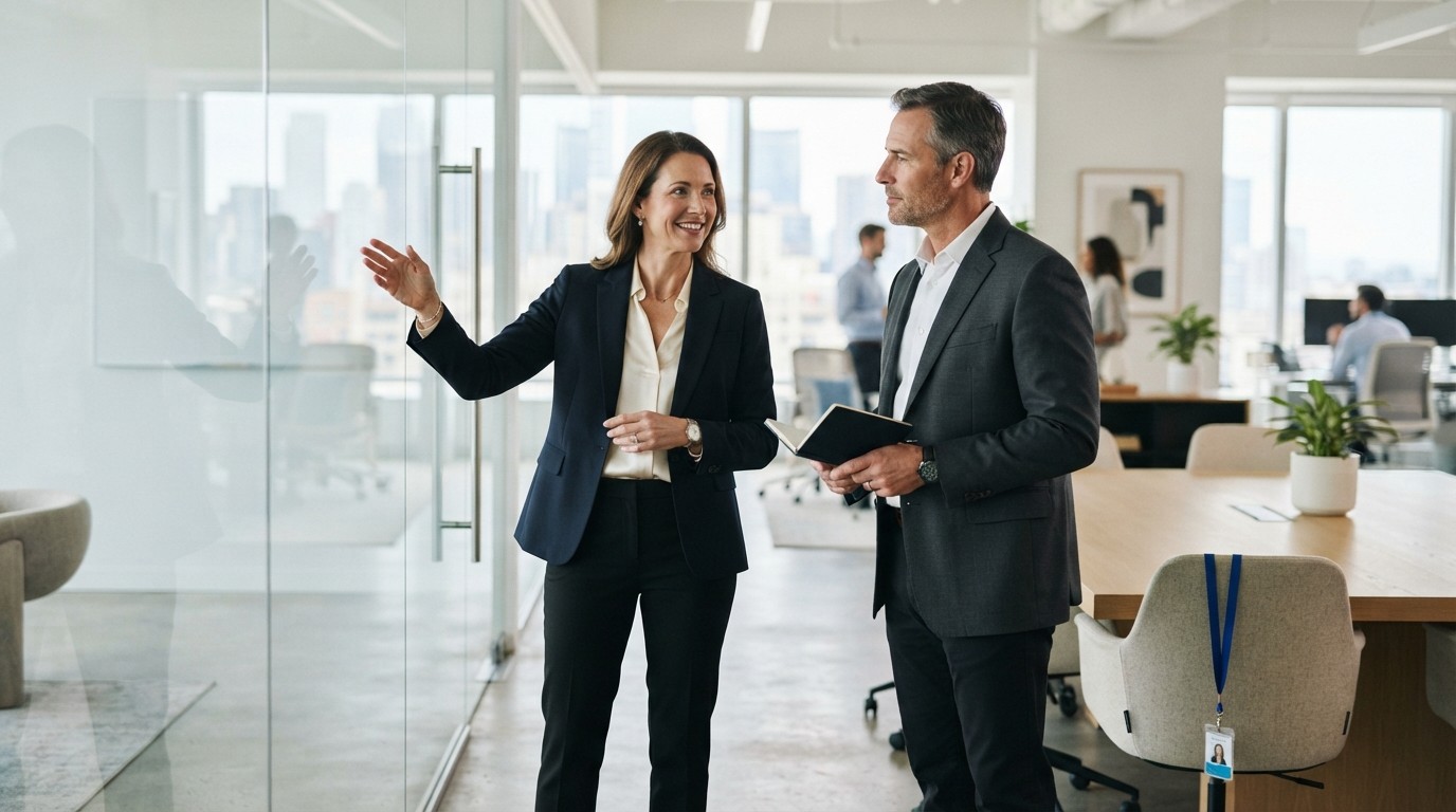 Two marketing leaders collaborating on strategy in an office