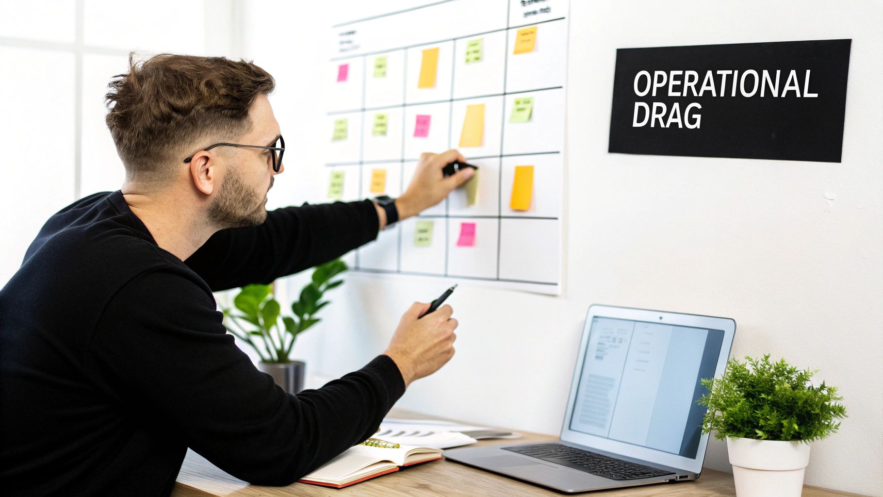 A man updates a whiteboard with colorful sticky notes, working at a desk with a laptop and plants.