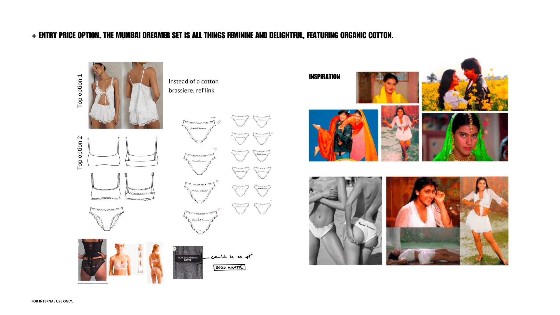 Design exploration board for the Mumbai Dreamer set, with garment sketches, reference images, and visual inspiration influenced by classic Indian cinema.
