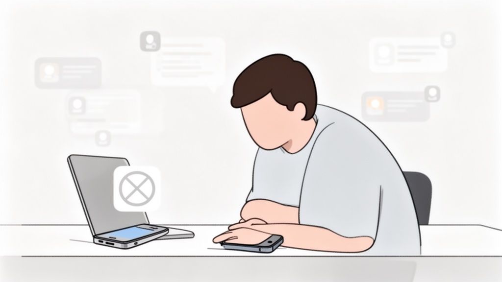 An illustration of a person ignoring notifications and devices while sitting at a desk.