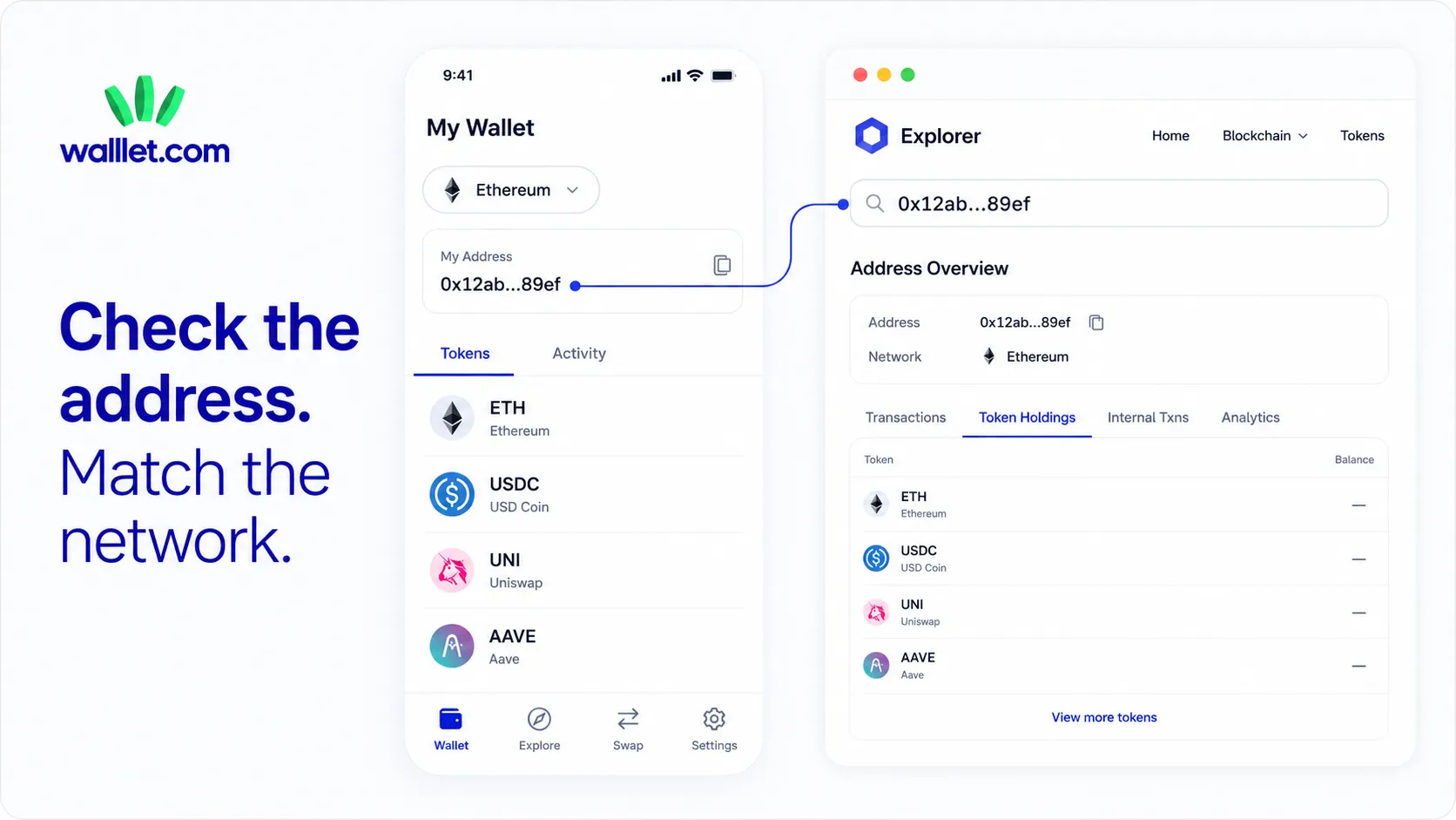 Wallet app and block explorer showing the same public wallet address and Ethereum token holdings.