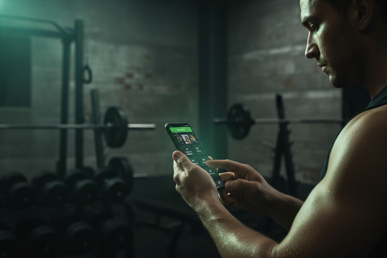 A person choosing a workout on a smartphone in a gym