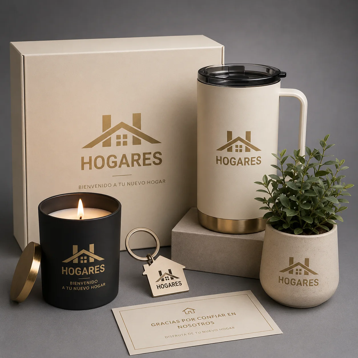 Welcome Pack inmobiliario premium con vela aromática, taza térmica y detalles personalizados para nuevos propietarios