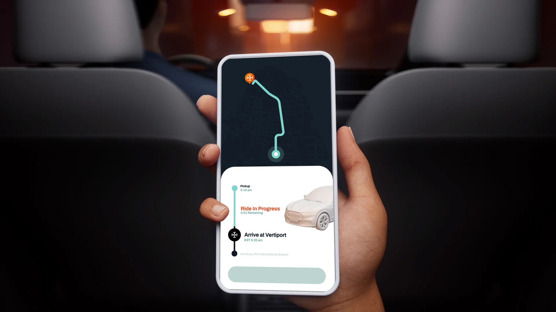 Passenger holding a smartphone showing a ride route and ‘Ride in Progress’ interface inside a vehicle