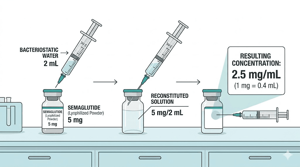 Semaglutide reconstitution setup showing vial and bacteriostatic water for proper concentration