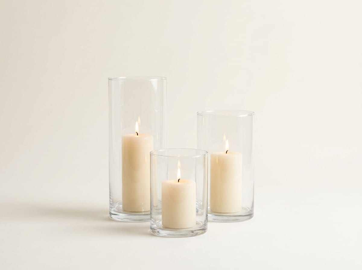 Drei cremefarbene Stumpenkerzen in Windlichtern aus Glas in unterschiedlicher Höhe vor hellem Hintergrund