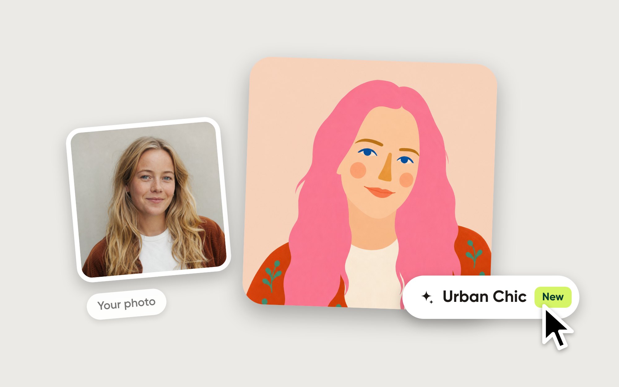 A woman's photo next to her Urban Chic version: a flat, hand-painted illustration with pink hair on a warm peach background