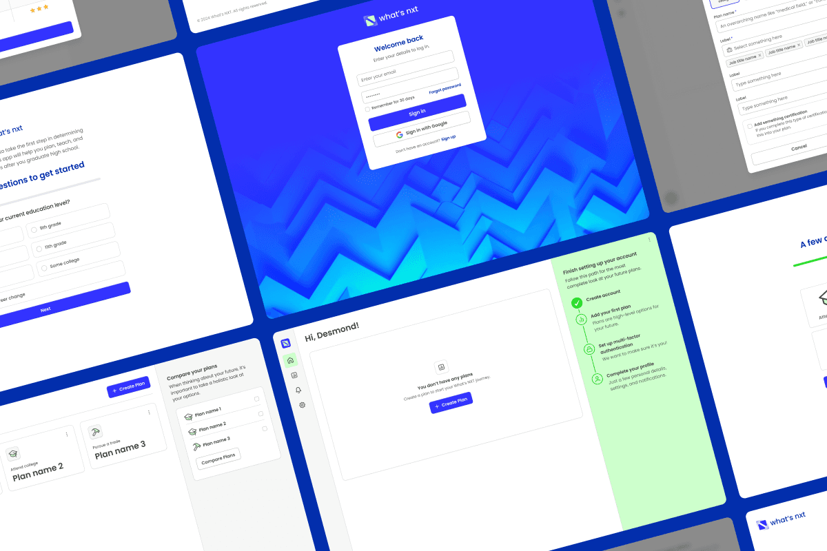 Collage of app screenshots features login form, education level questions, and plan comparison interface. Blue and white theme, modern and clean design.