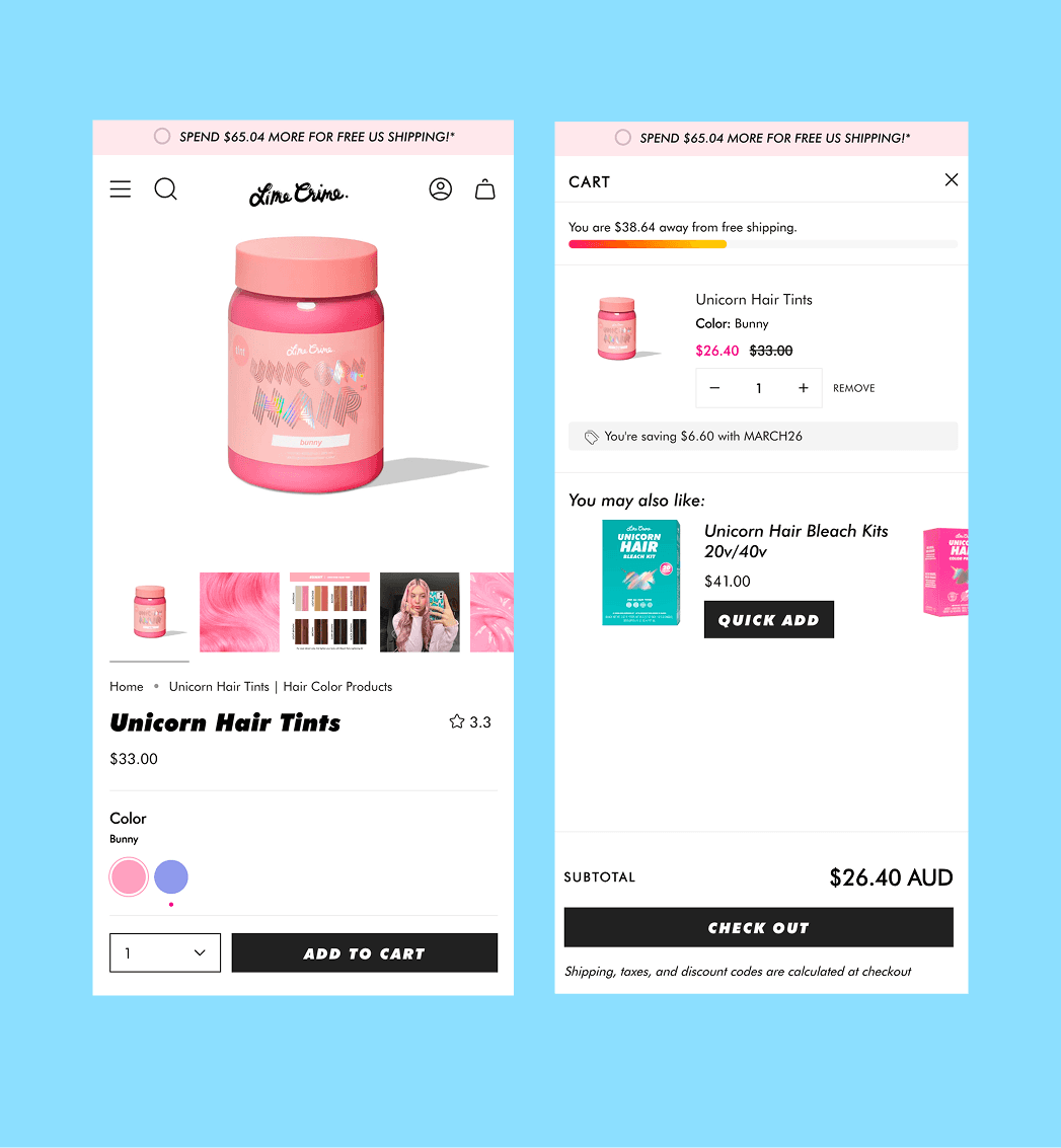 Shopify product detail page for Lime Crime showcasing product selection and shade variants