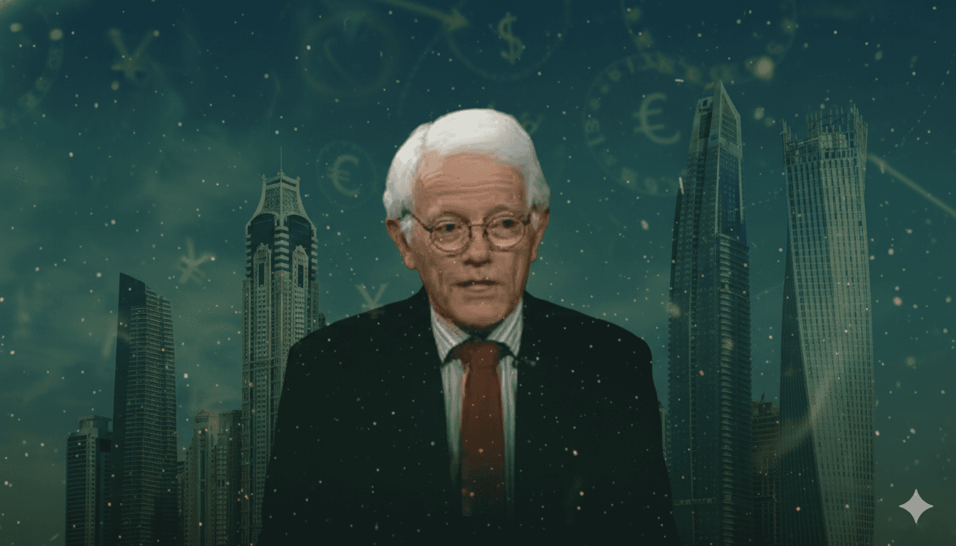 Close-up of vibrant investor Peter Lynch edited image with Skyline background and green branding tint