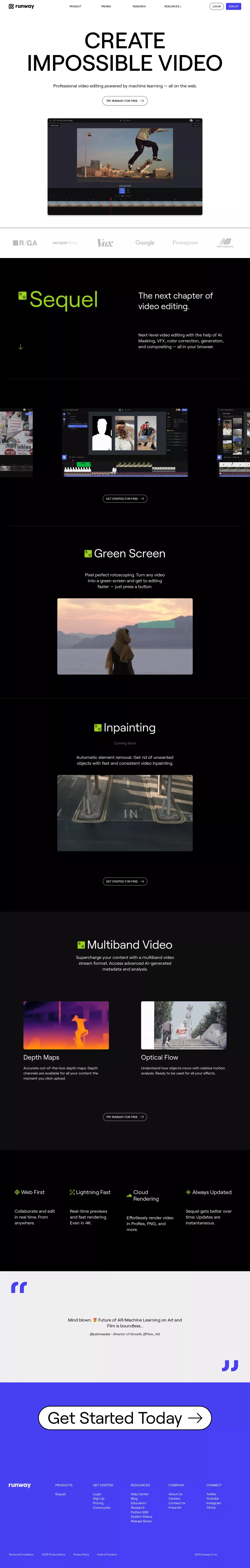 Runway landing page screenshot showcasing Design and Tech design
