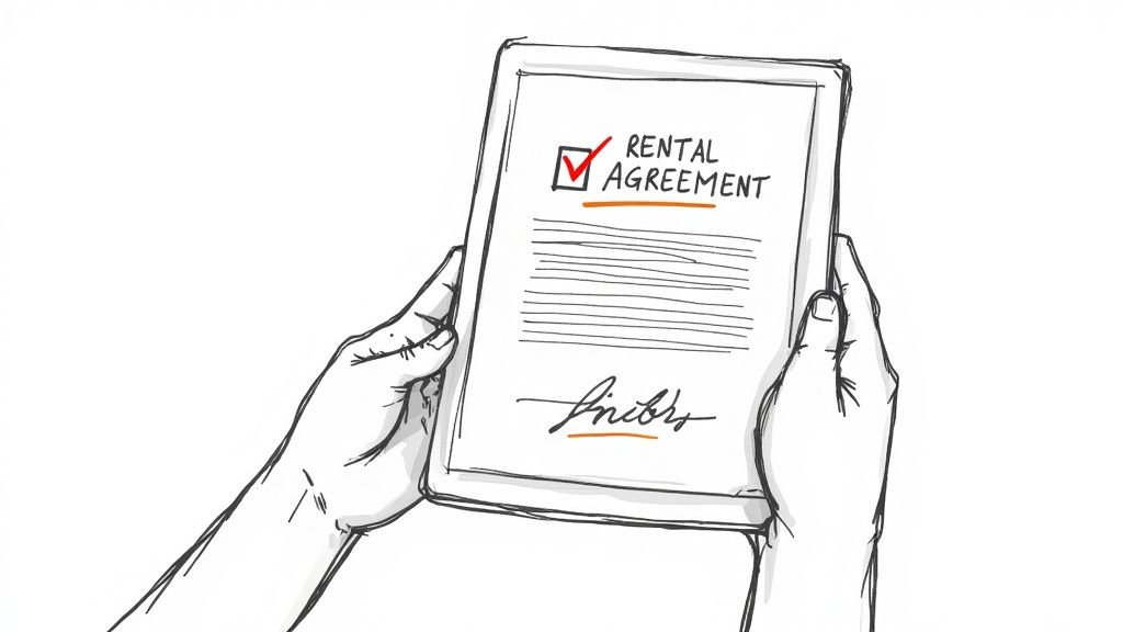 A person electronically signing a document on a tablet.