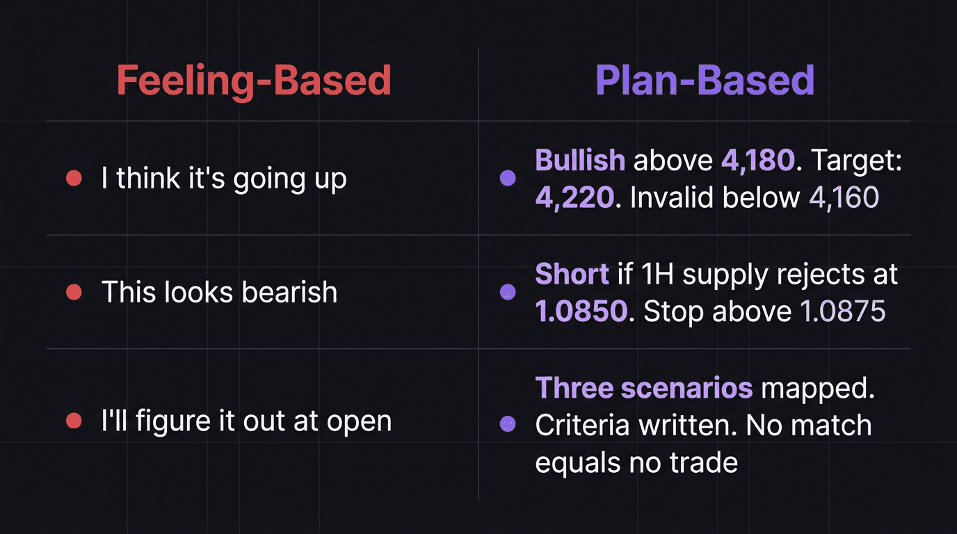 Two-column comparison of feeling-based trading versus plan-based trading with specific examples