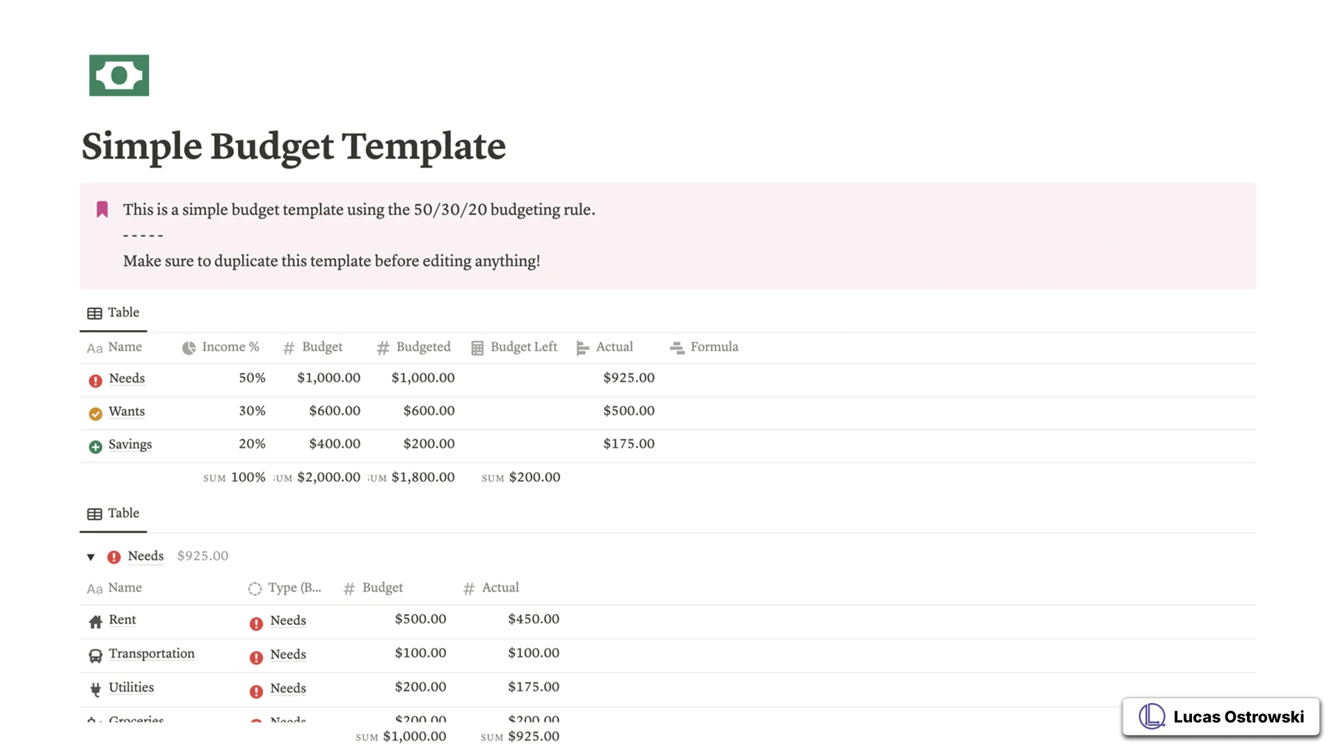 Simple Budget Template displaying 50/30/20 rule implementation with detailed breakdown of needs, wants, and savings categories. Shows budget allocations and actual spending with automatic calculations