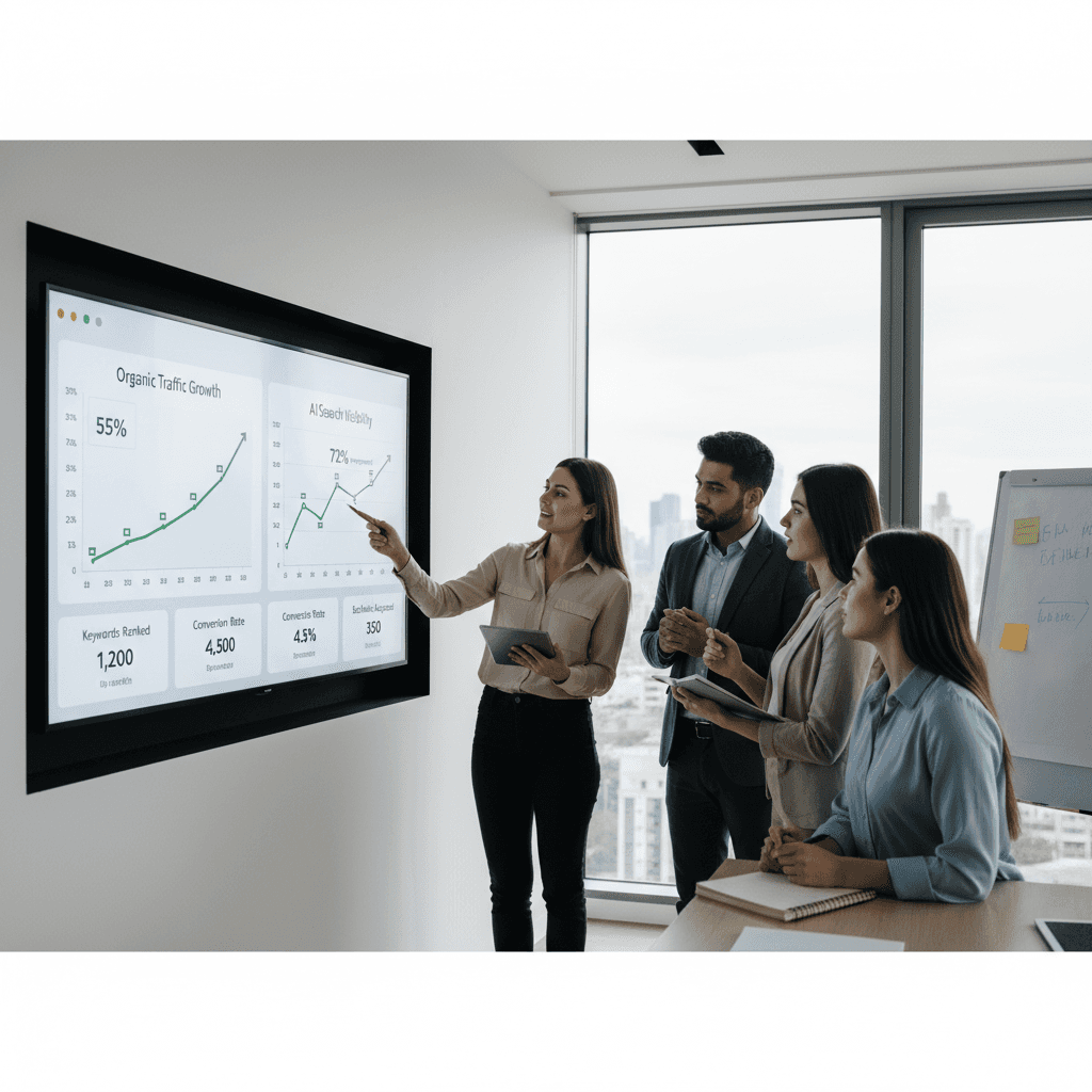 Marketing team analyzing monthly SEO service performance reports showing organic traffic and AI search visibility growth