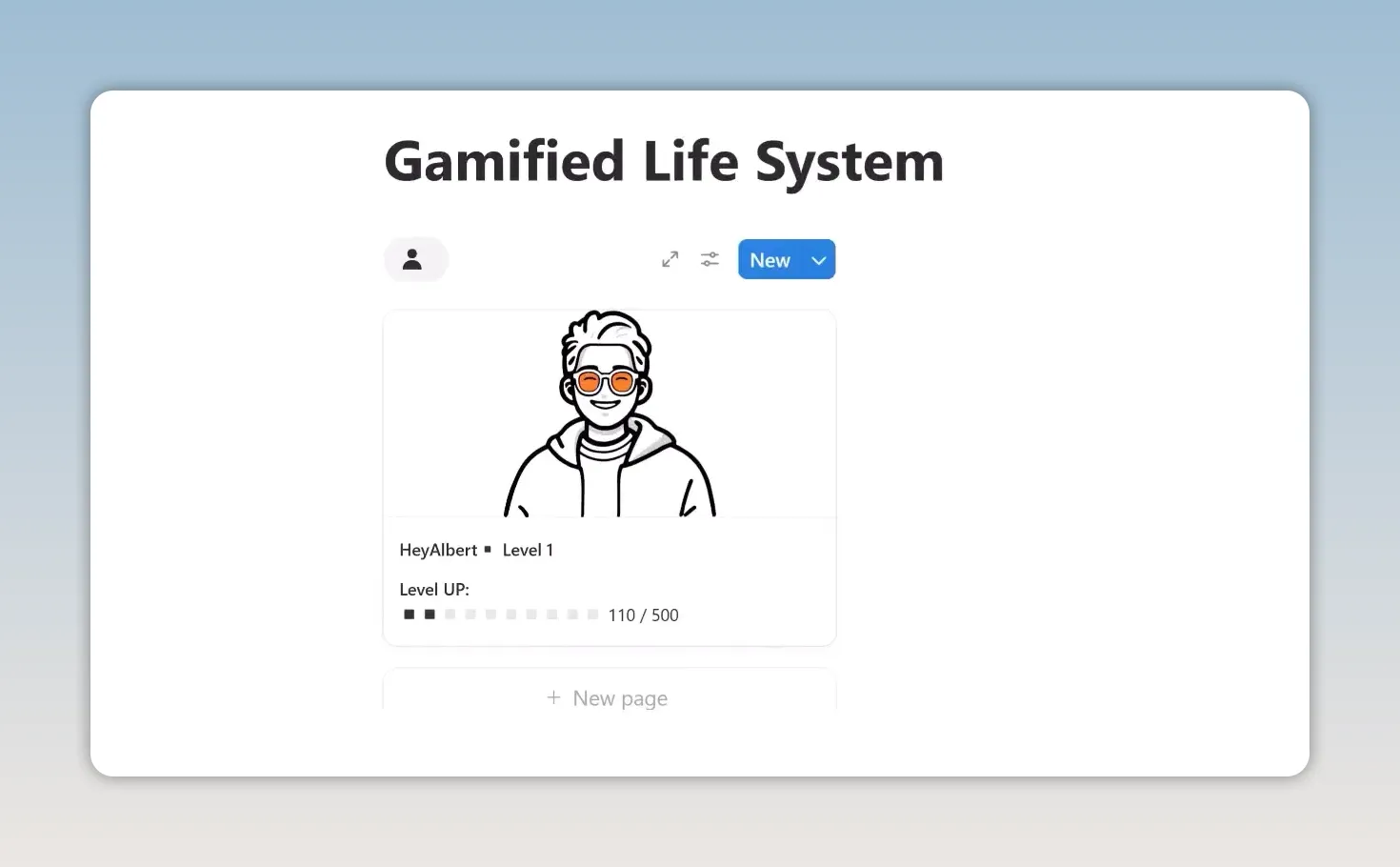 Notion gallery character card with avatar, Level 1, Level Up text, and EXP progress bar
