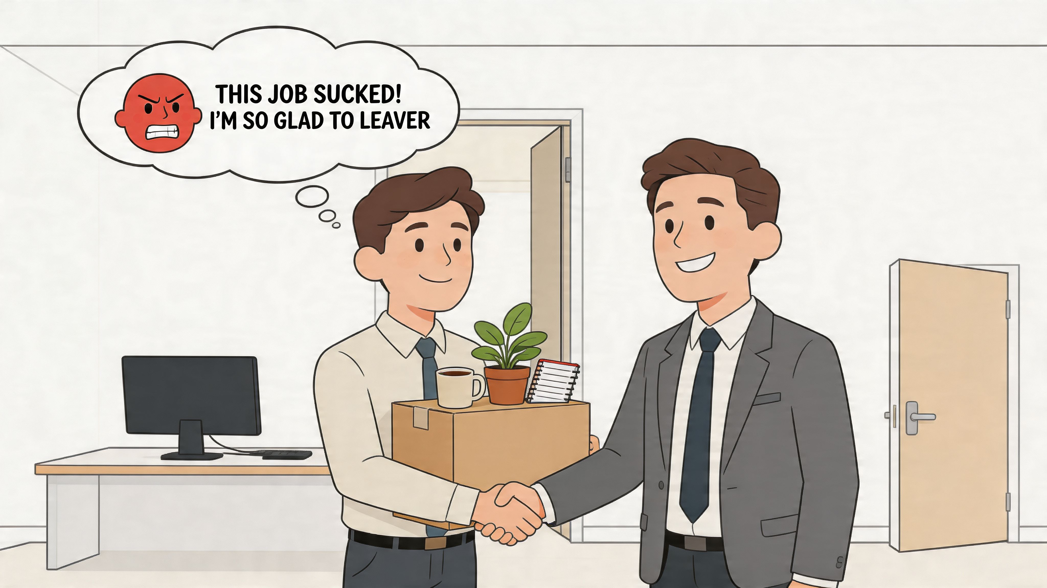 An employee shaking hands with a boss while holding a box of personal belongings during resignation.
