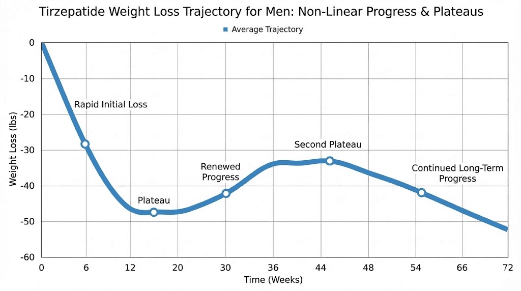 Realistic tirzepatide weight loss trajectory for men over 72 weeks