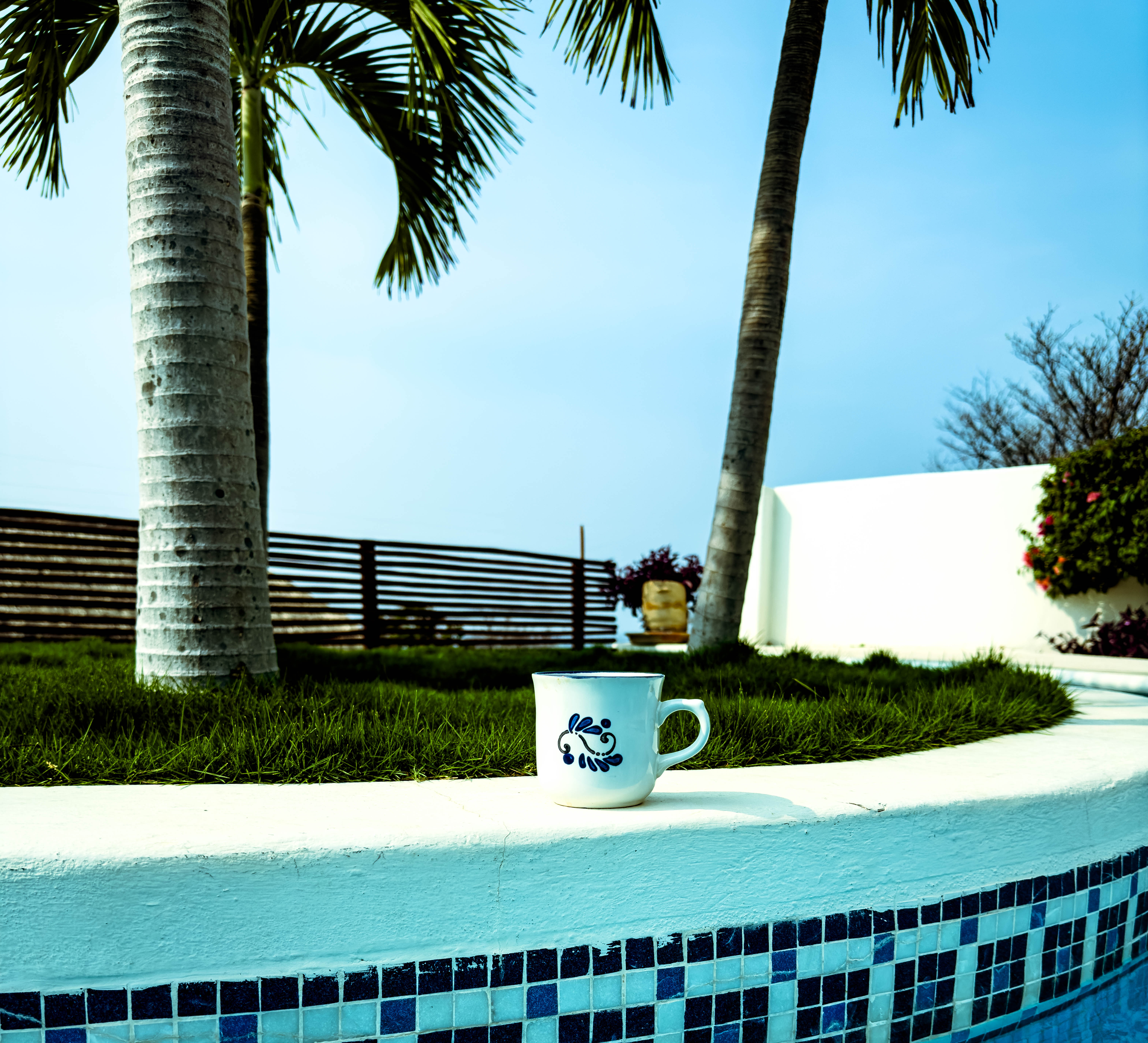 a coffee mug sitting on the side of the pool