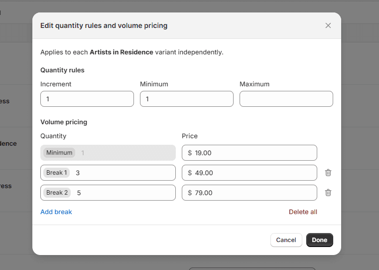 Shopify-Dialog Edit quantity rules and volume pricing mit zwei Preisstaffeln ab 3 und 5 Stück