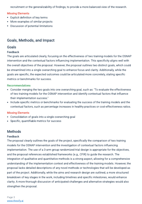 Theo grant proposal section feedback for goals and methods with feedback, recommendations, and missing elements