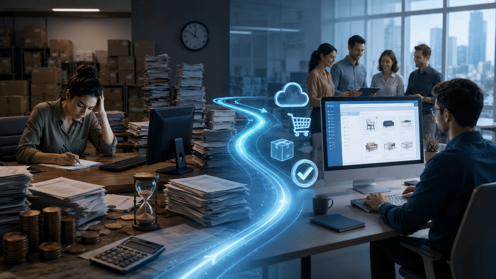 Cena realista em 3D de um ambiente corporativo B2B mostrando a transição de processos manuais para automação digital. No lado esquerdo da mesma cena, uma mesa cheia de papéis, pedidos impressos, calculadora, pilhas de documentos e uma funcionária cansada digitando pedidos manualmente em um computador antigo. Ao longo da imagem, um fluxo visual moderno em luz azul conecta o ambiente manual a um escritório moderno e organizado. No lado direito da mesma composição contínua, um portal B2B aberto em uma tela moderna exibe catálogo de produtos, pedidos automatizados e integração digital, enquanto uma equipe comercial trabalha de forma tranquila e colaborativa. Ambiente corporativo sofisticado, iluminação cinematográfica, estilo realista 3D, alta definição, composição integrada sem divisão visual na imagem, formato widescreen 16:9.