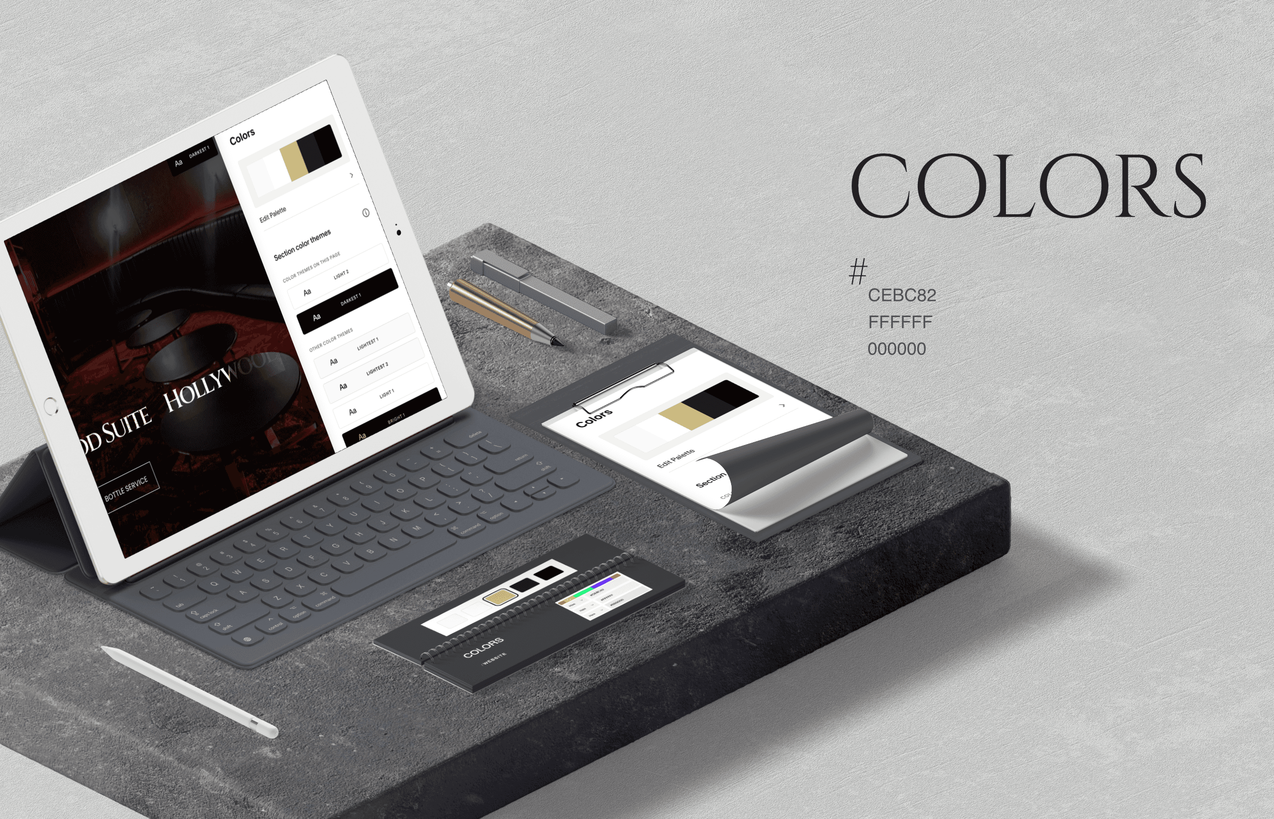 Brand style guide for Encore, showcasing the Cinzel and Poppins typography and a sophisticated dark-mode color palette with red accents.