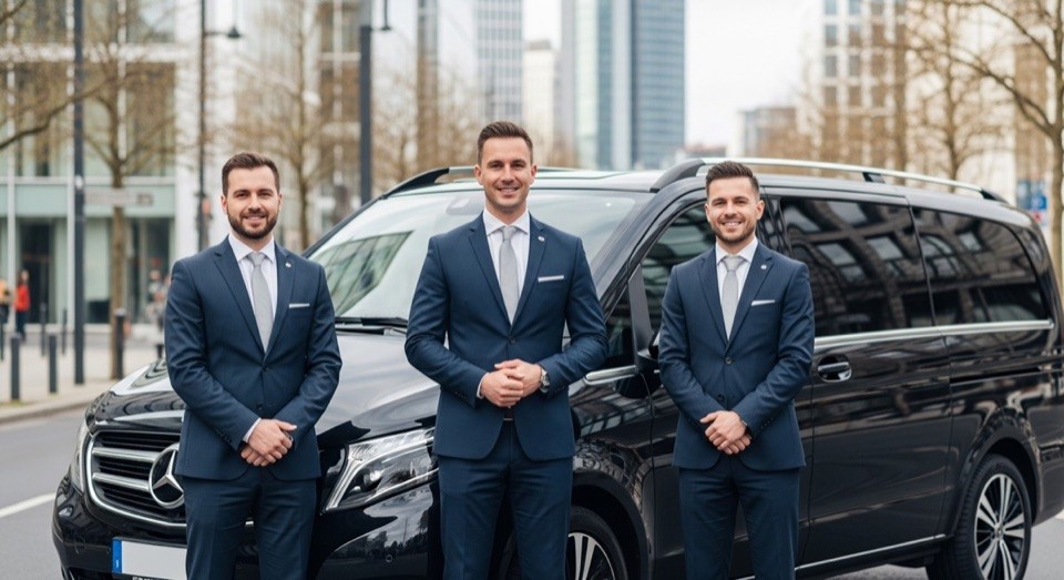 Drei Chauffeure in Anzug vor einer Mercedes-Benz V-Klasse in Frankfurt — Limousine & Shuttle Service Frankfurt