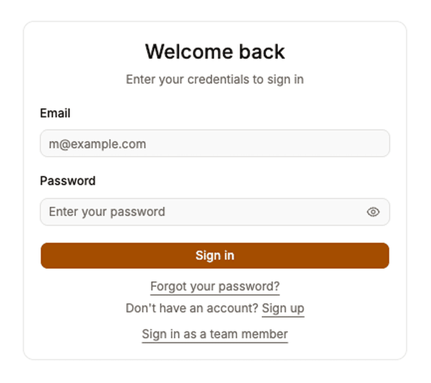 Page Interact sign-in screen headed Welcome back, with Email and Password fields and a Sign in button.