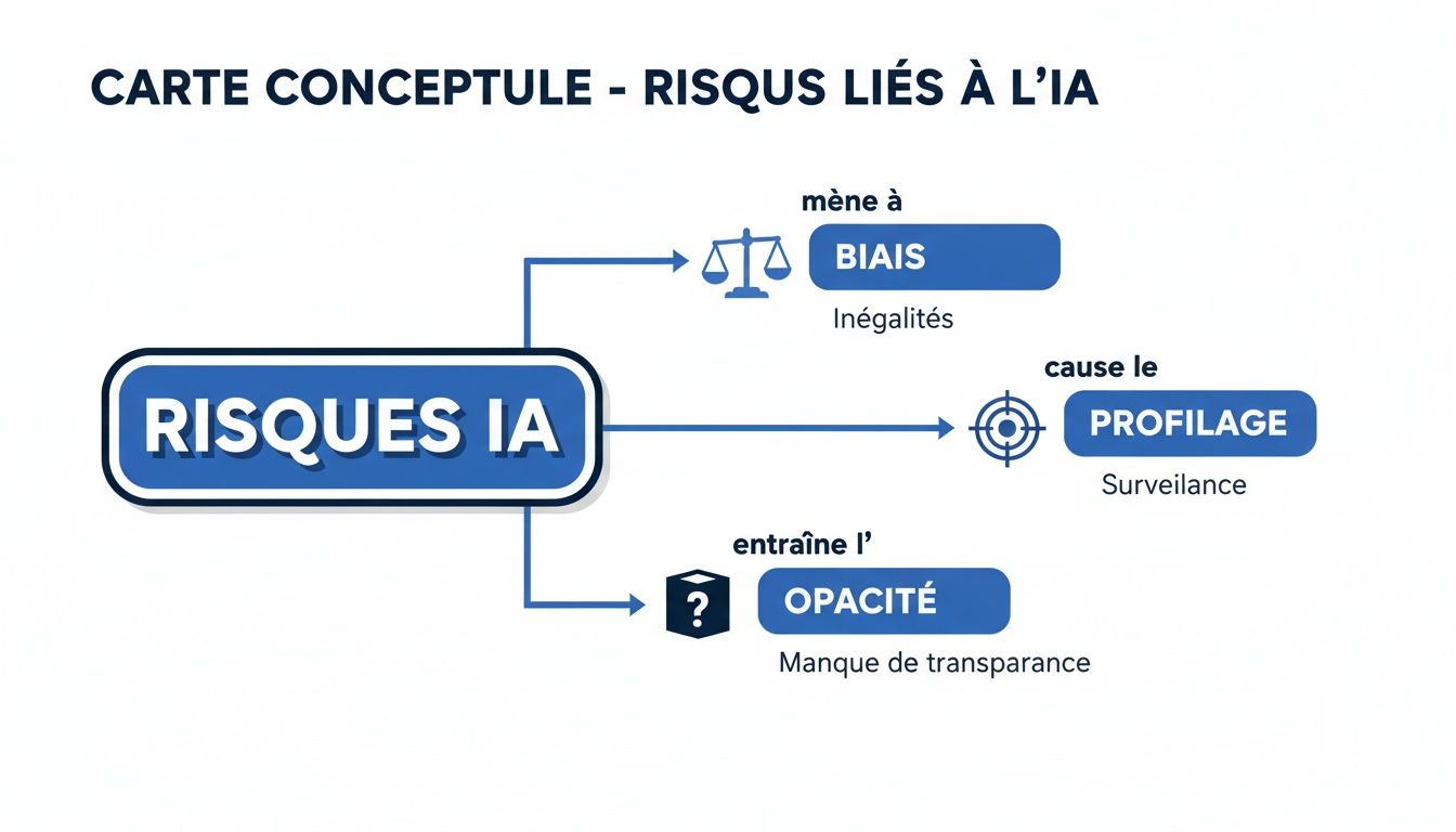 Carte conceptuelle des risques liés à l'IA, détaillant les biais, le profilage et le manque de transparence.