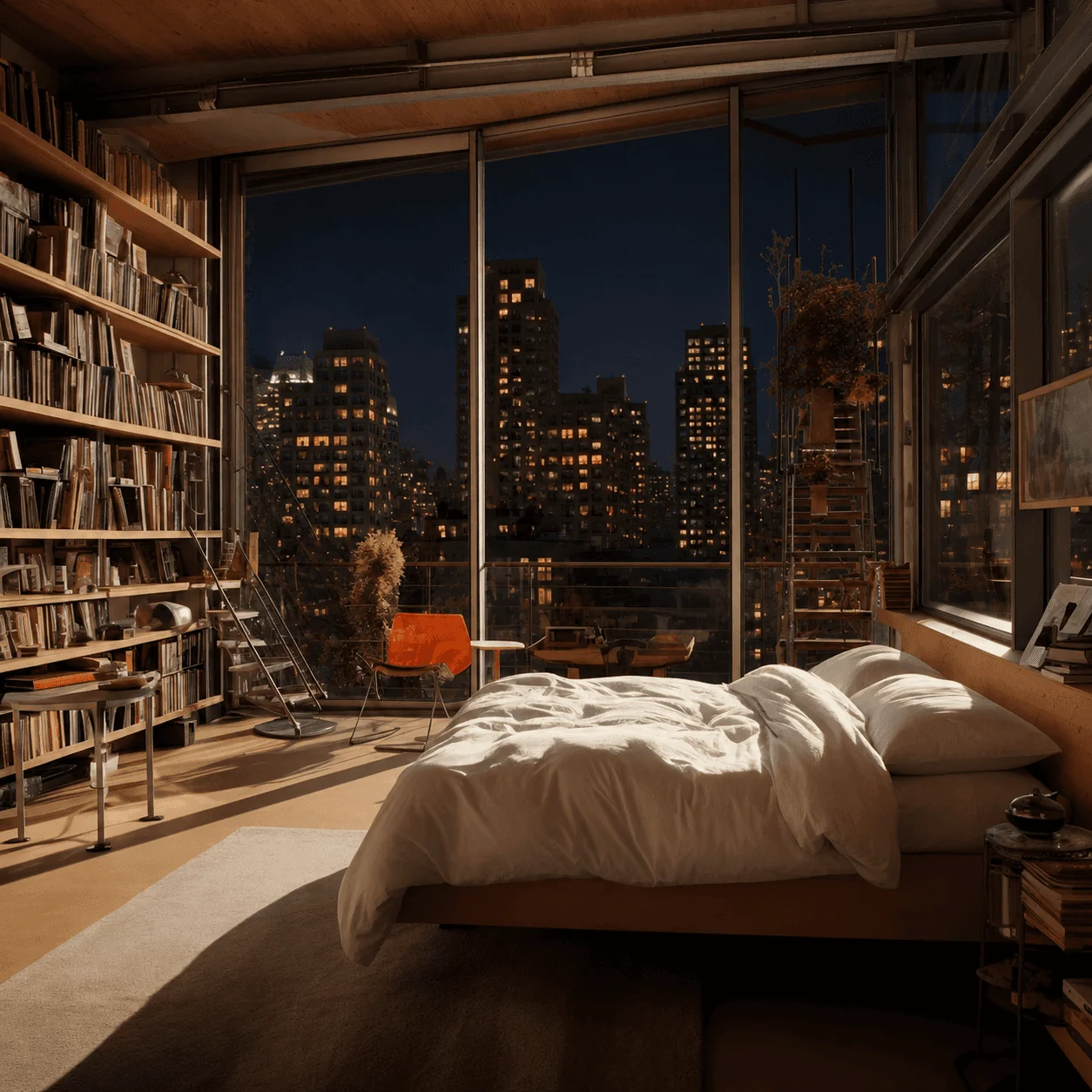 A cozy bedroom with a large glass window offers a stunning mountain view, featuring shelves filled with books and a white bed.