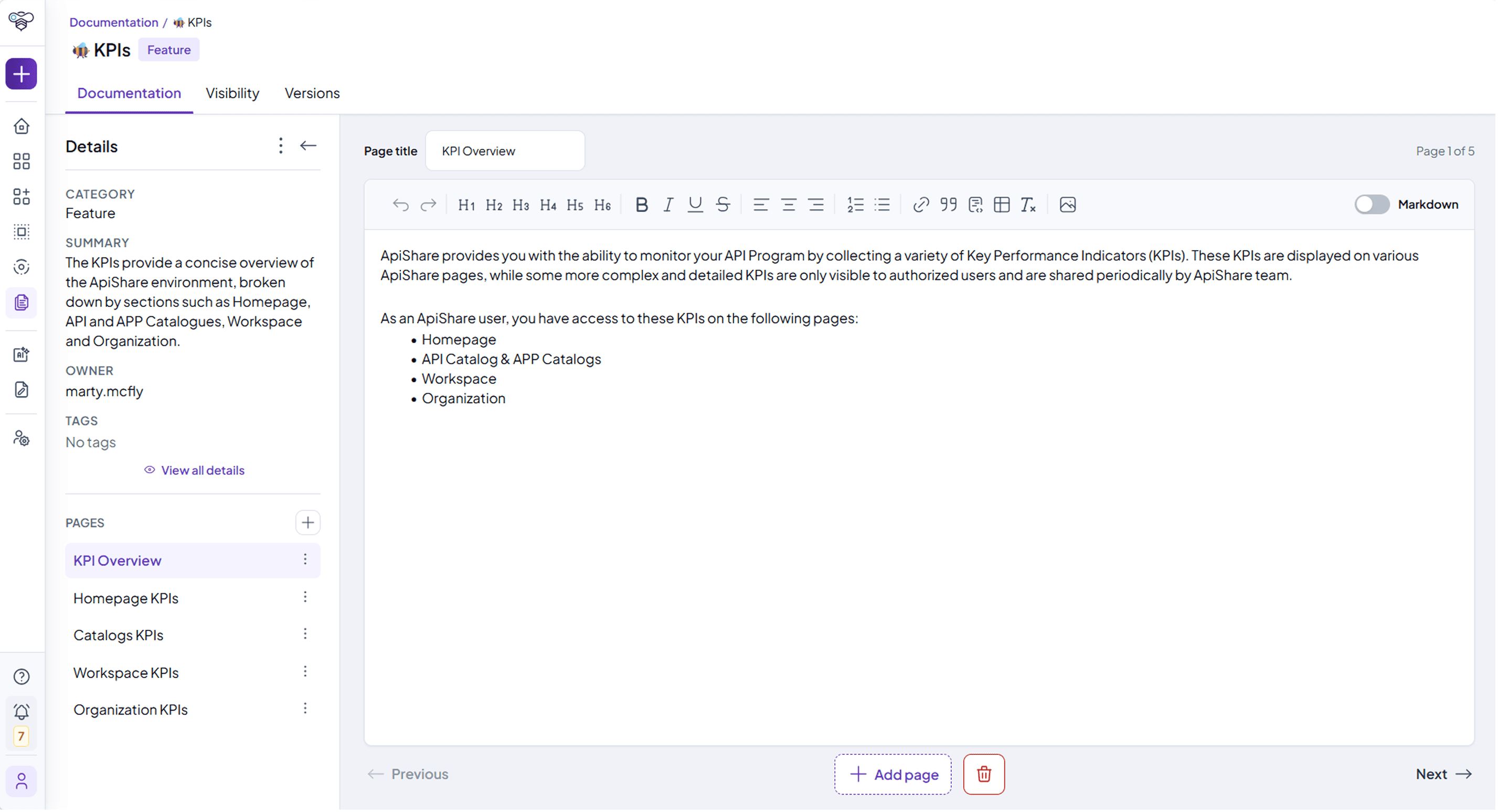 Documentation editor with the page list on the left and the rich text editor on the right