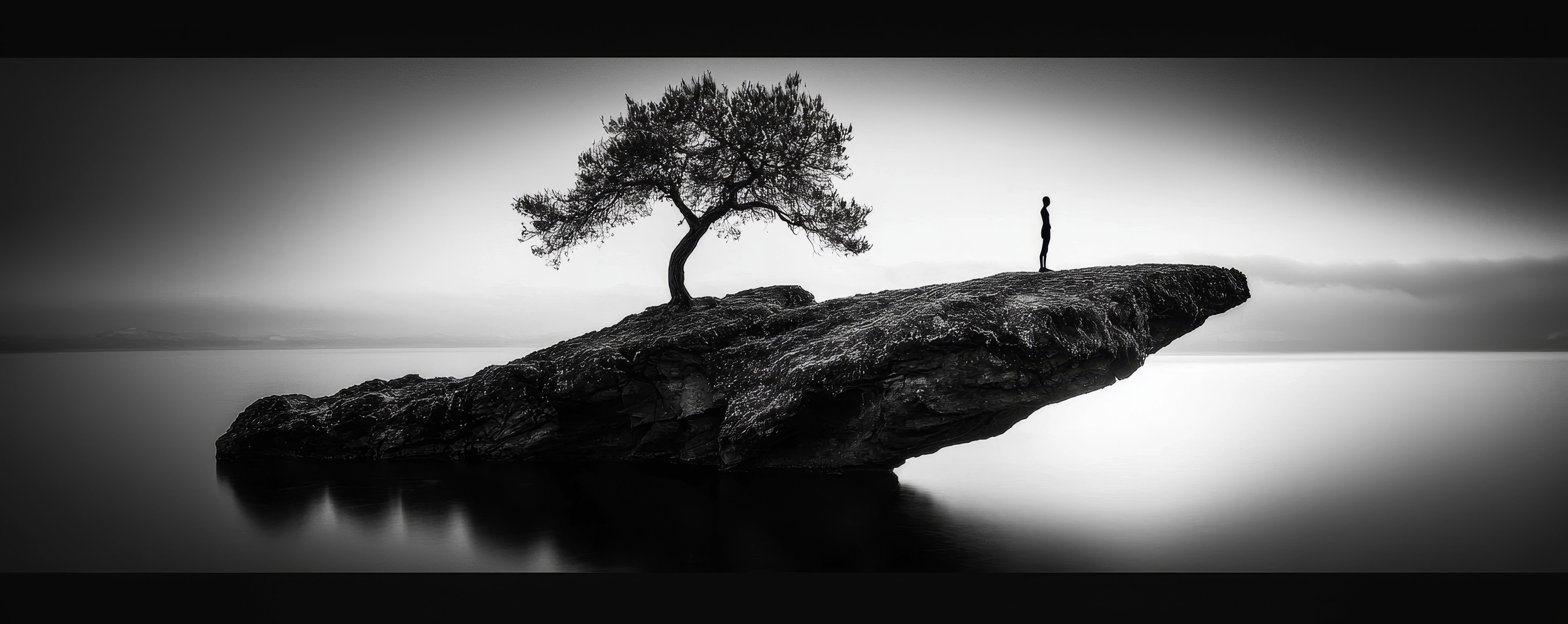 Black and white shot of a person standing on a small island with one tree.