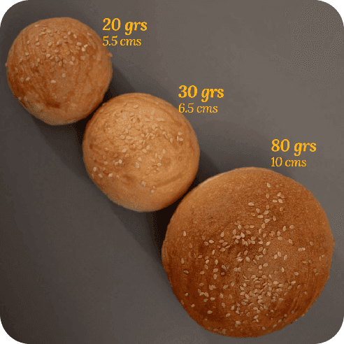 Panecillos de brioche de masa madre en tres tamaños: 20g, 30g y 80g, con diámetro indicado.