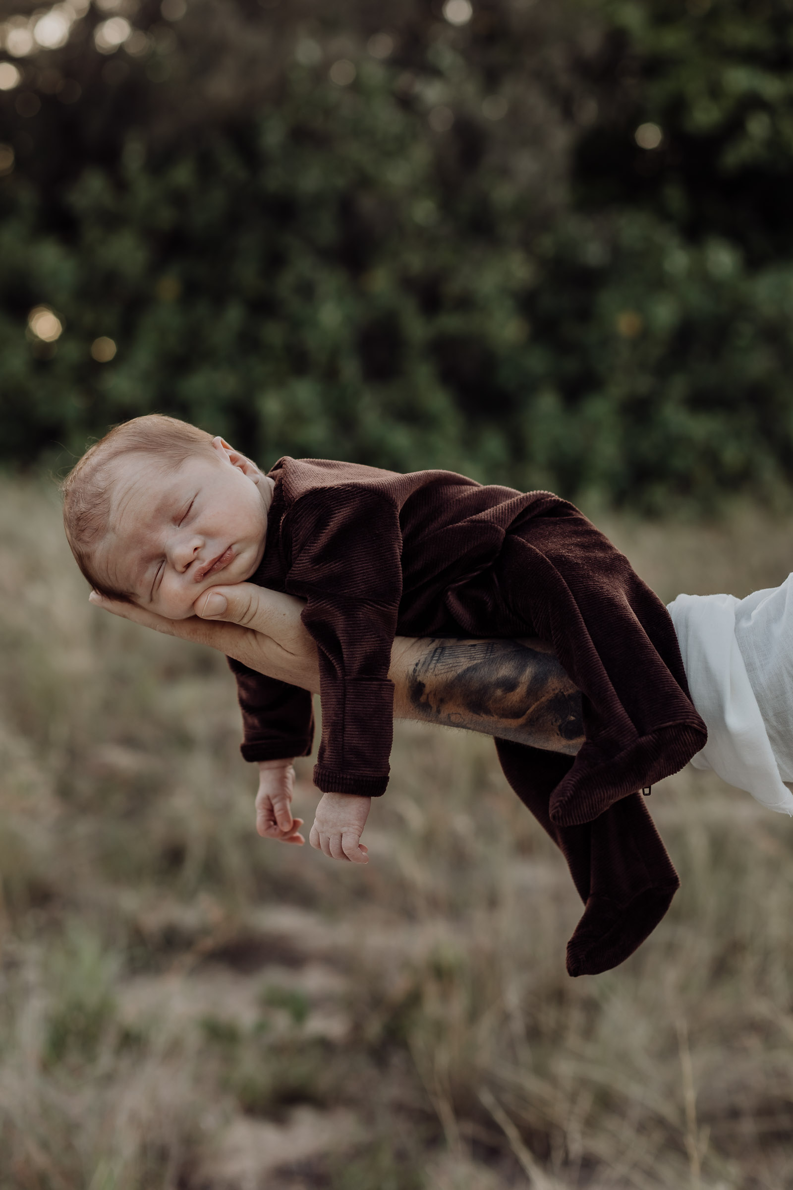 Newborn portrait photo of baby on dads arm