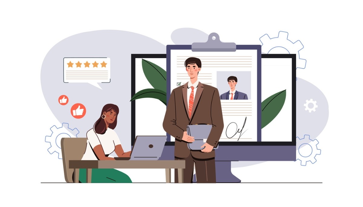 Illustration of a recruiter seated at a desk reviewing a candidate’s resume on a computer screen—representing key HR manager interview questions and how to prepare strong, confident answers.