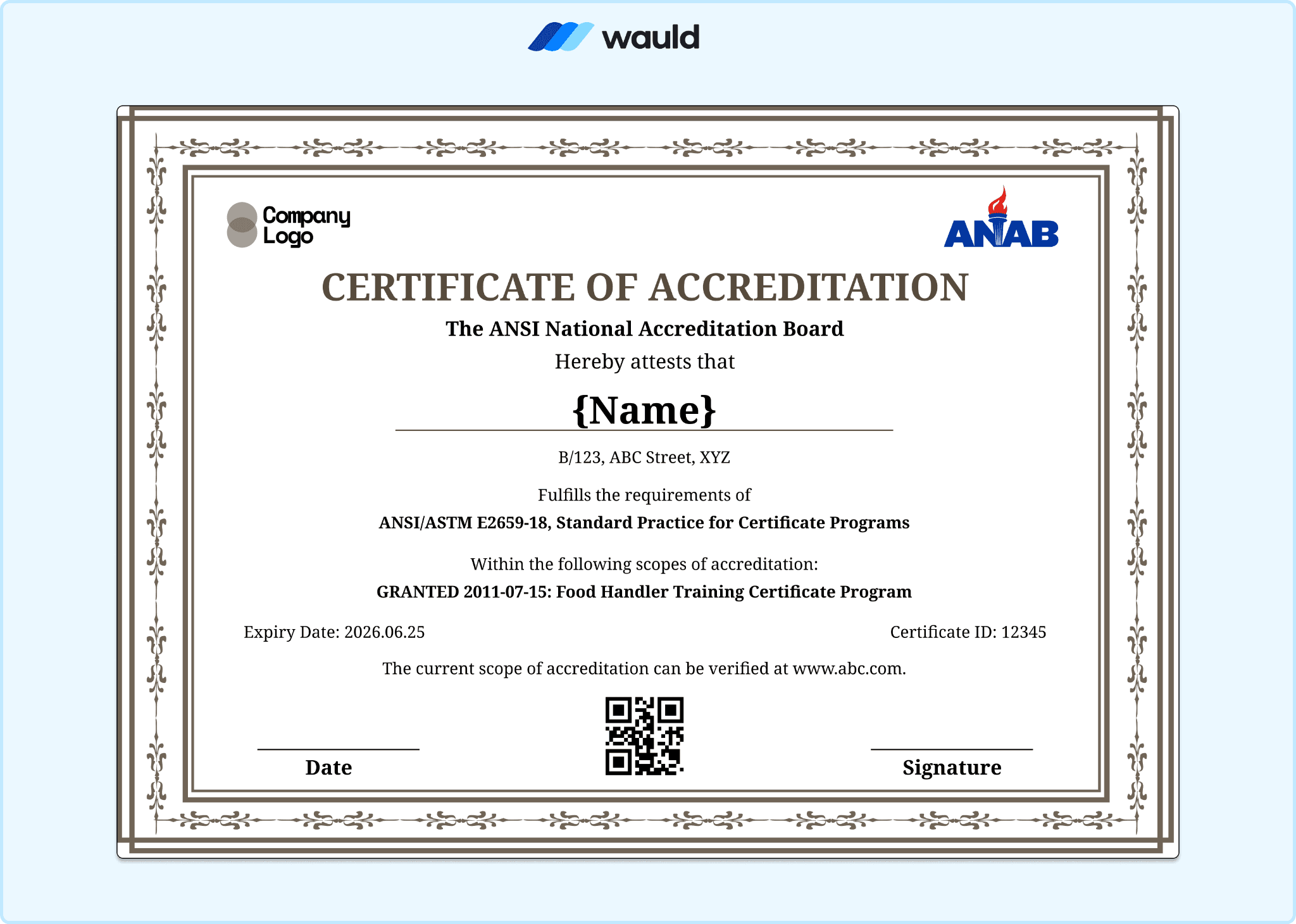 Black and white bordered certificate of accreditation template with recipient name field, accrediting board details, standard practice reference, granted scope, expiry date, certificate ID, QR code, and signature line