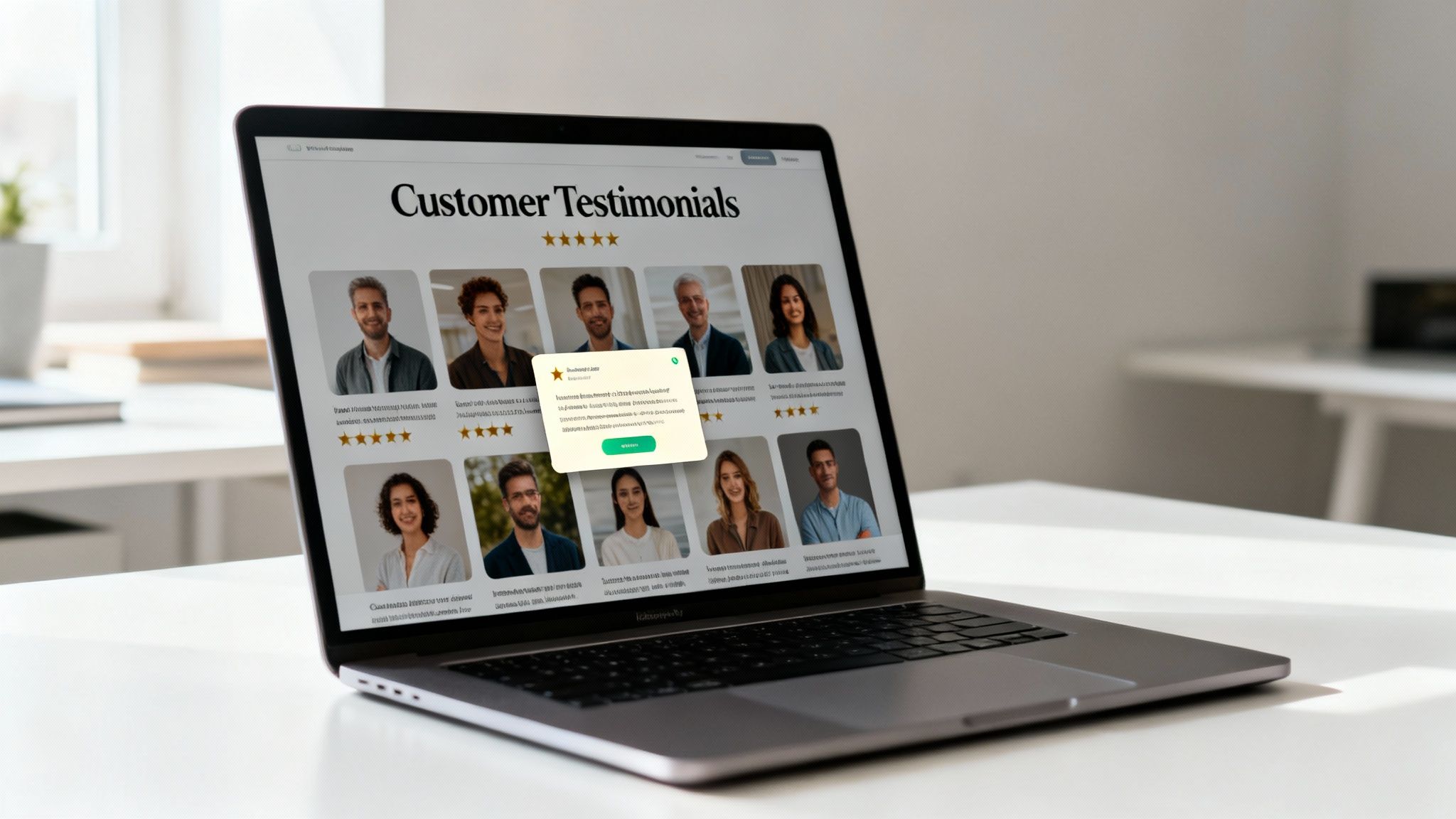 A laptop displaying a customer testimonials landing page with user photos and a review pop-up on a white desk.