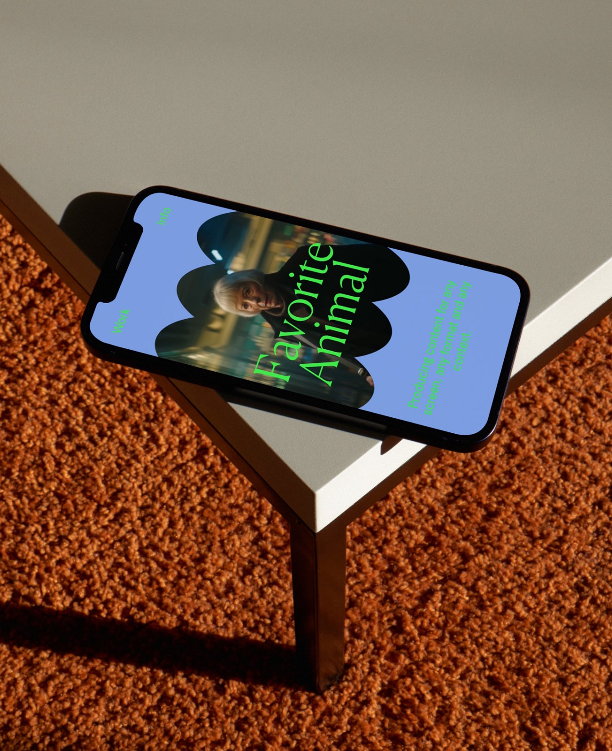 A mobile phone laying on a table showing the Favorite Animal website design.