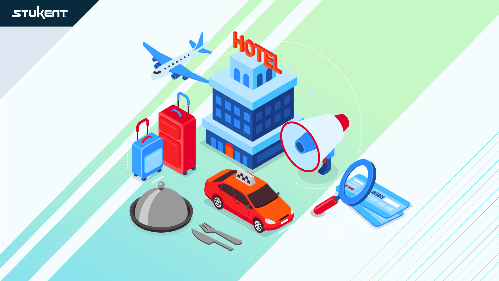 Annimated graphic of a seres of items including a taxi, hotel, suitcase platter, etc. 