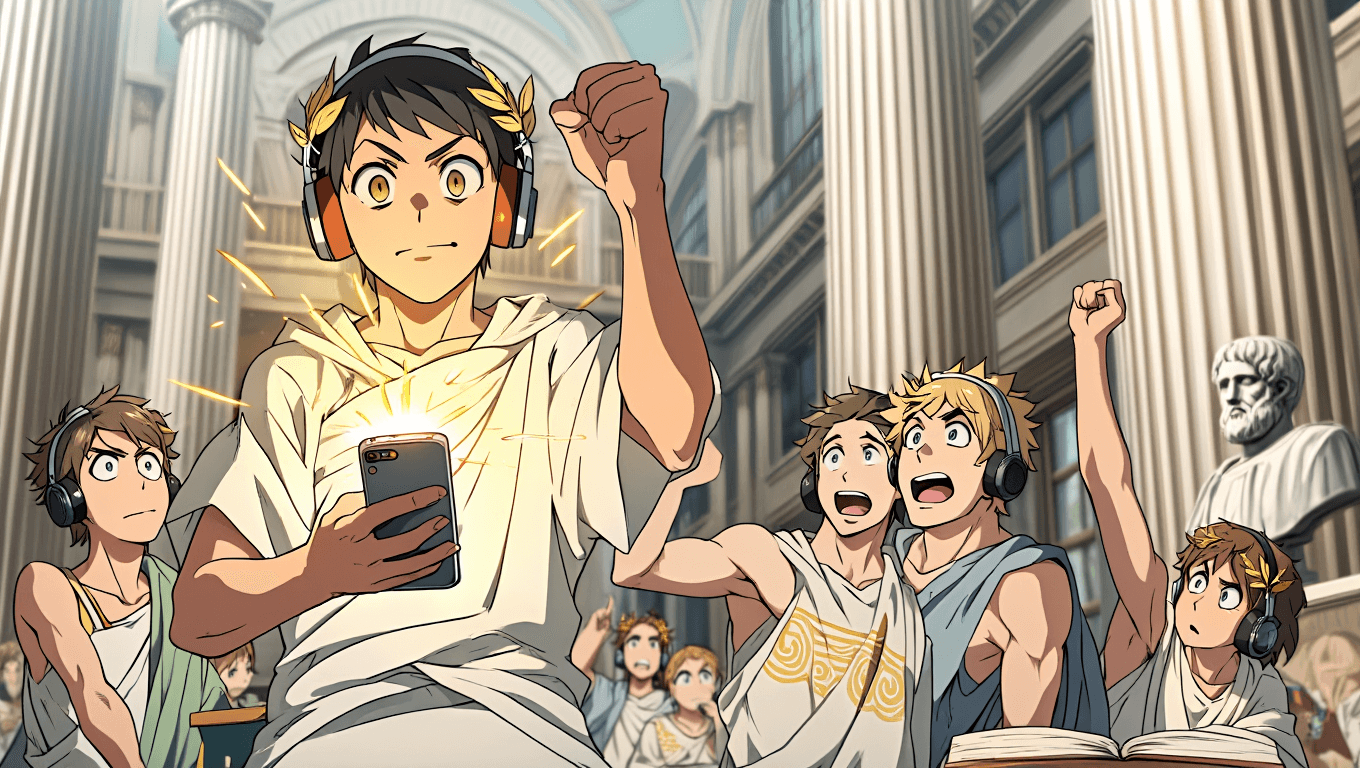 Triumphant student winning a quiz on a glowing smartphone, golden sparks flying, classmates cheering in awe