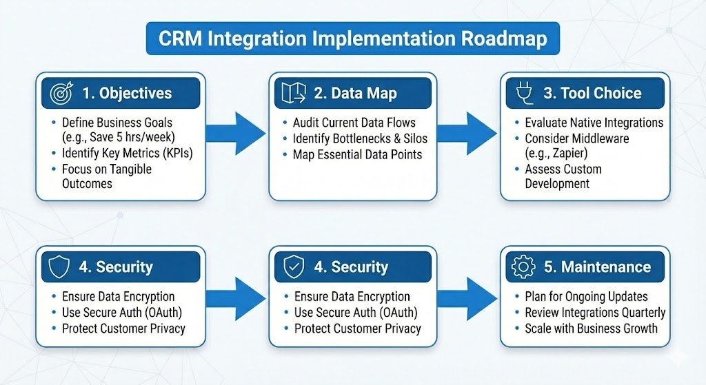 A CRM Integration Implementation Roadmap flowchart with steps: Objectives, Data Map, Tool Choice, Security, and Maintenance.