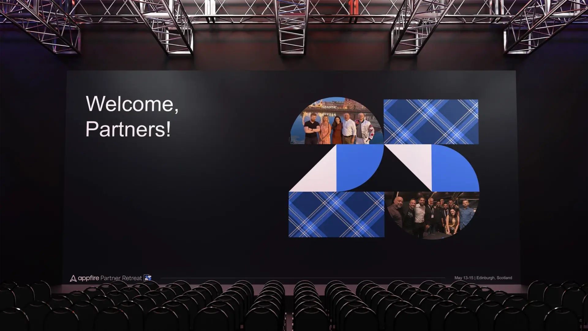 A stage screen at the Appfire Partner Retreat reading "Welcome, Partners!" beside a geometric "25" graphic made of tartan patterns and attendee photos.