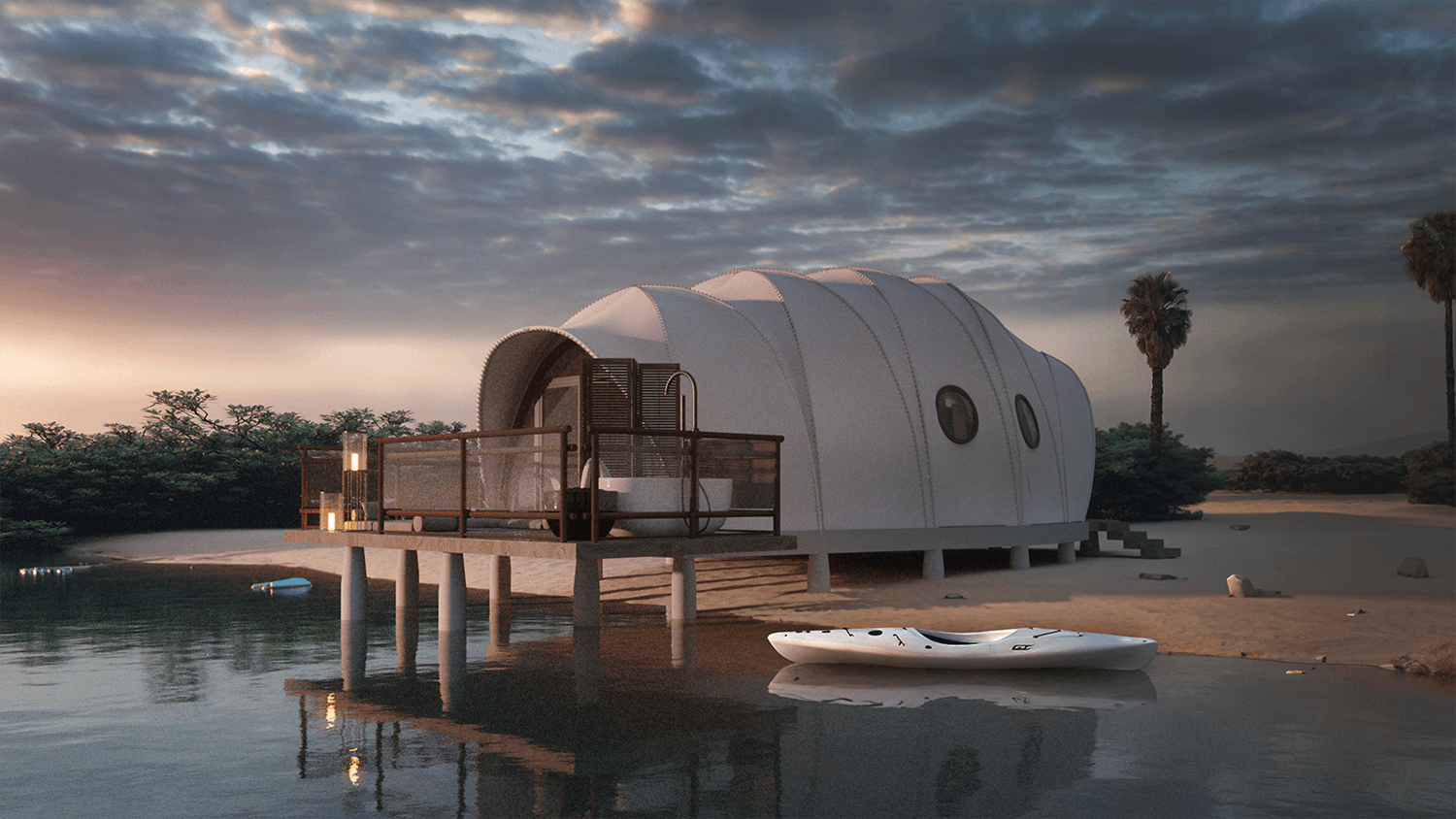 Canvas tent built over a wooden pier over a body of water at sunset