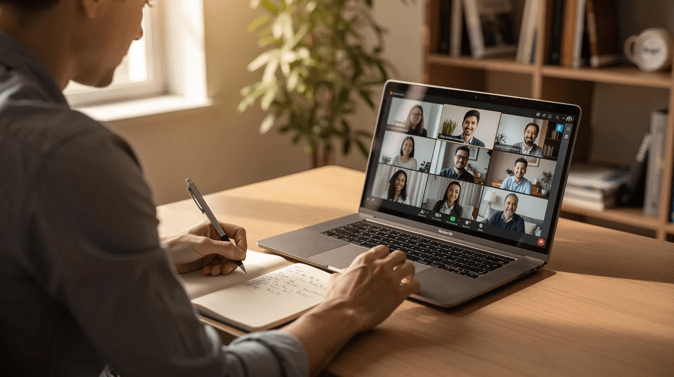 A person is sitting at a laptop, intently taking notes during a video call, possibly discussing strategies related to sudden wealth or financial planning. The scene conveys an atmosphere of focus and engagement, highlighting the importance of understanding financial circumstances and managing newfound wealth effectively.