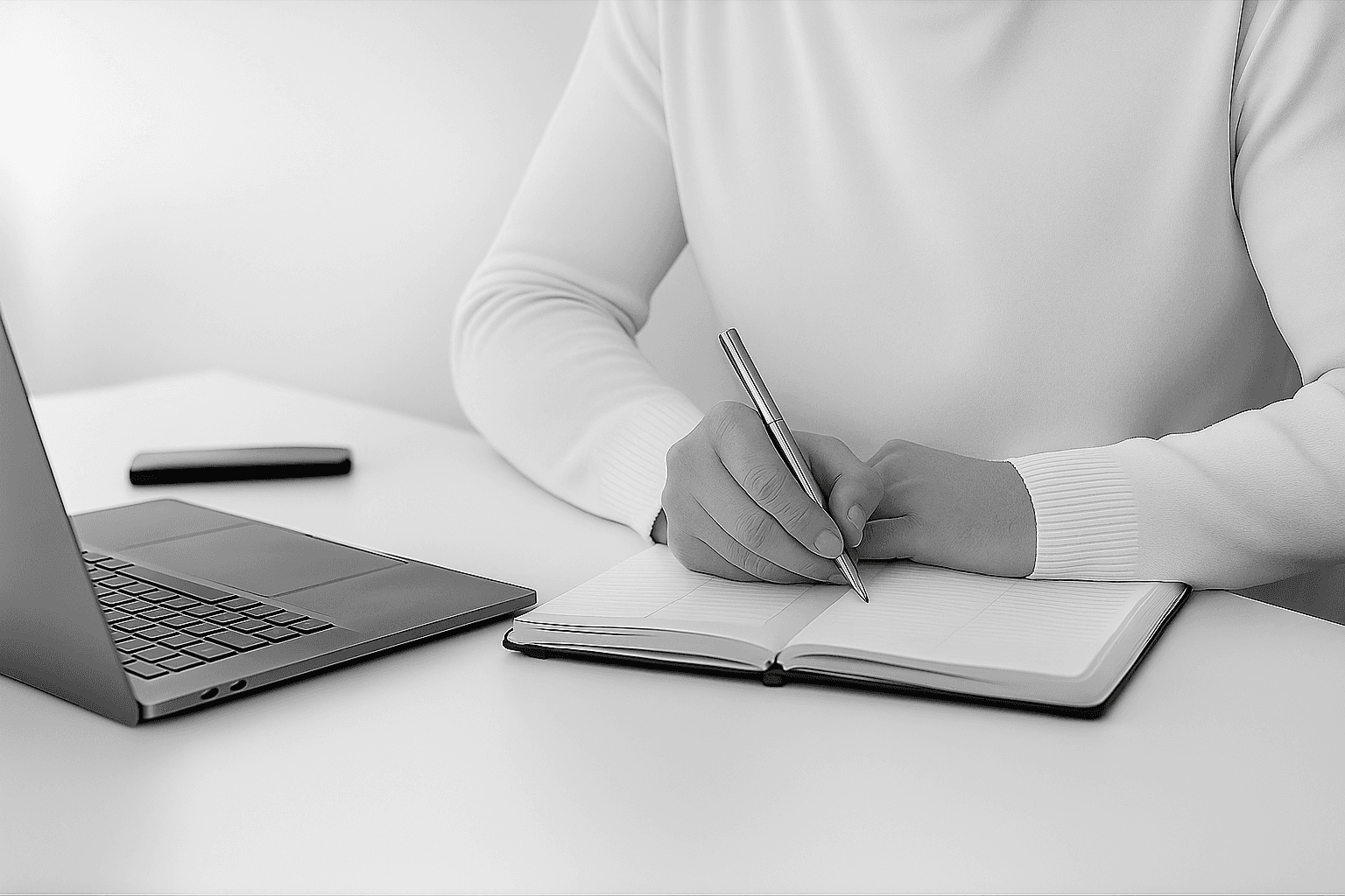 Alex am Schreibtisch sitzend und im Notizbuch schreibend