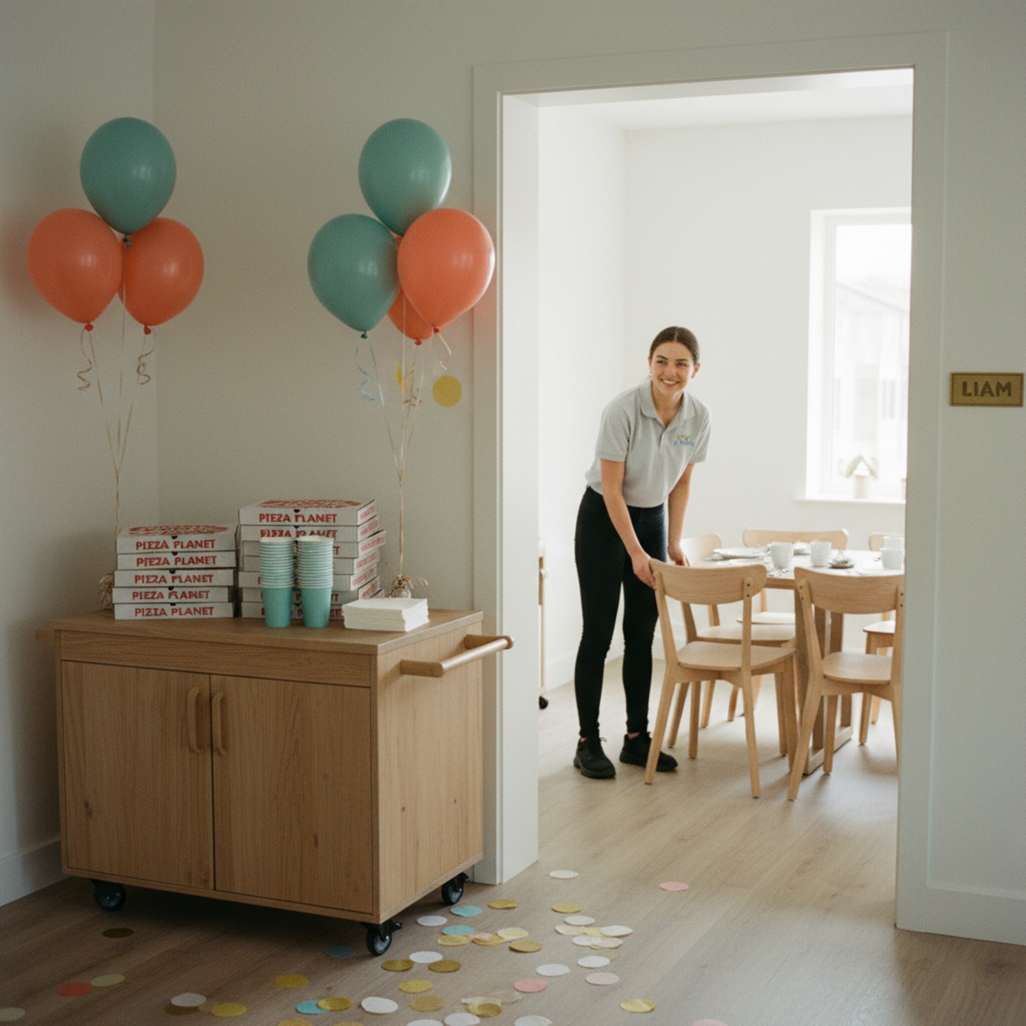 Ein vorbereiteter Partywagen mit Pizzaschachteln, Trinkbechern und dezentem Dekoset steht neben einem hellen Raum. Ein Mitarbeiter prüft die gedeckten Plätze und richtet zwei Stühle gerade. Die Tür ist mit einem kleinen Namensschild markiert, alles wirkt strukturiert und startklar.